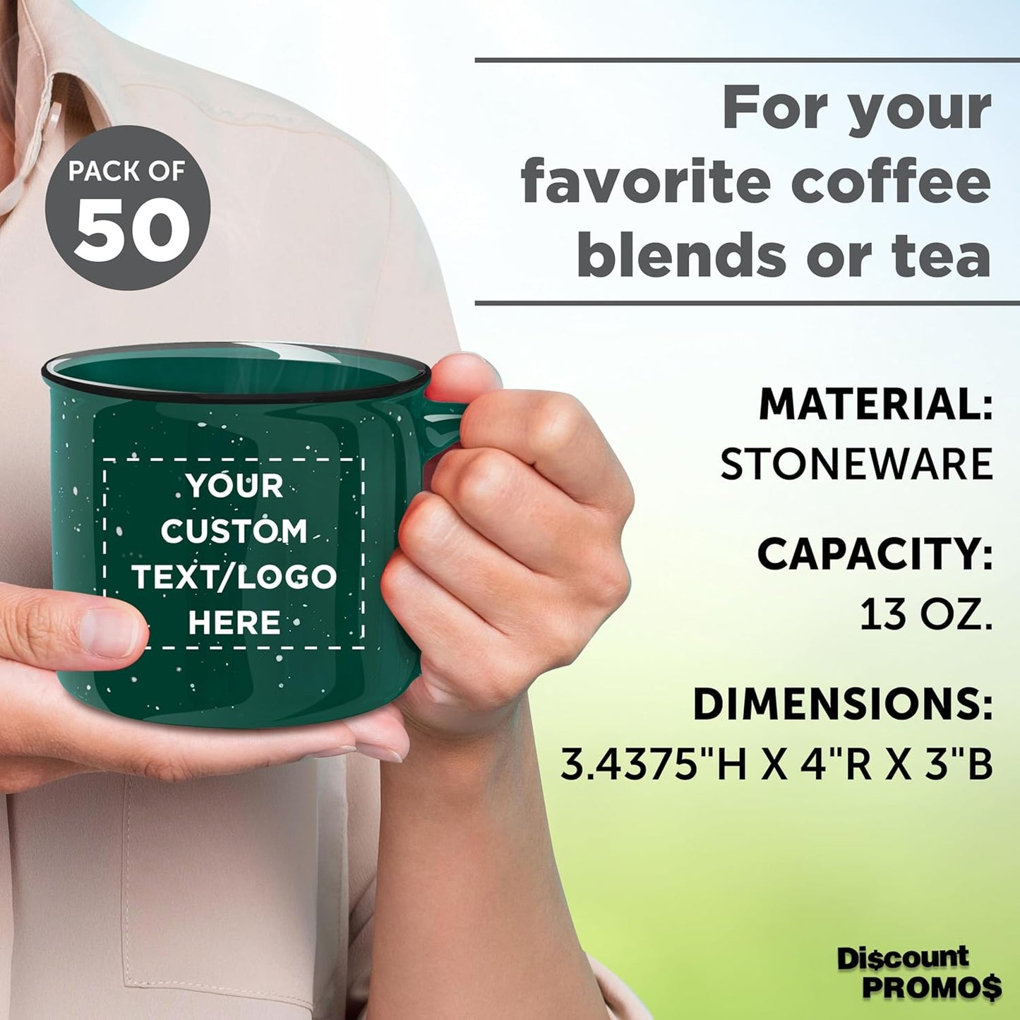 DISCOUNT PROMOS Custom Ceramic Campfire Coffee Mugs 13 oz. Set of 50, Personalized Bulk Pack - Perfect for Tea, Espresso, Cappuccino, Hot Cocoa - Green