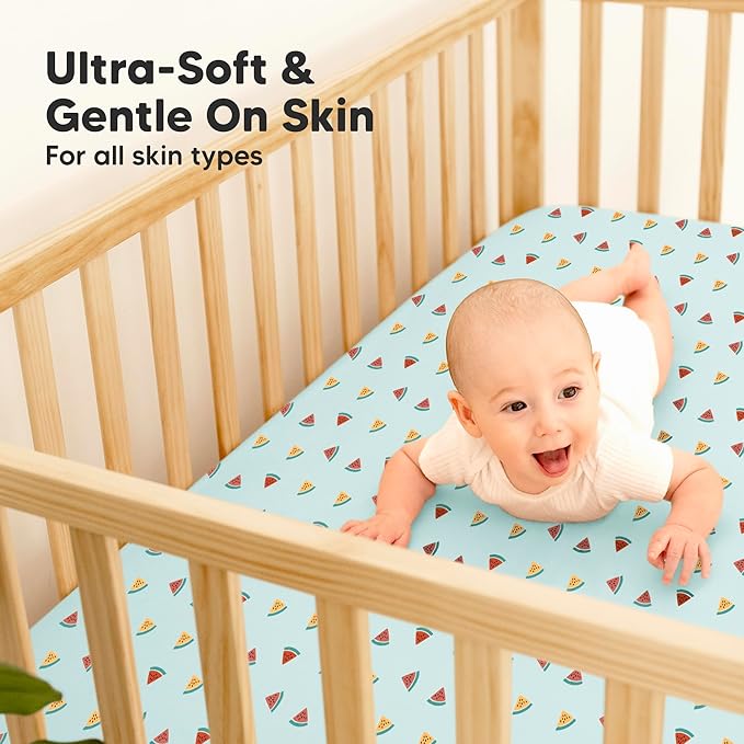 2-Pack Waterproof Baby Crib Sheets for Boys, Girls - 52x28 Viscose Derived from Bamboo Toddler Bed Sheet Neutral, Fitted Crib Mattress Protector Cover for Baby Bedding, Soft & Gentle (Beach Day)