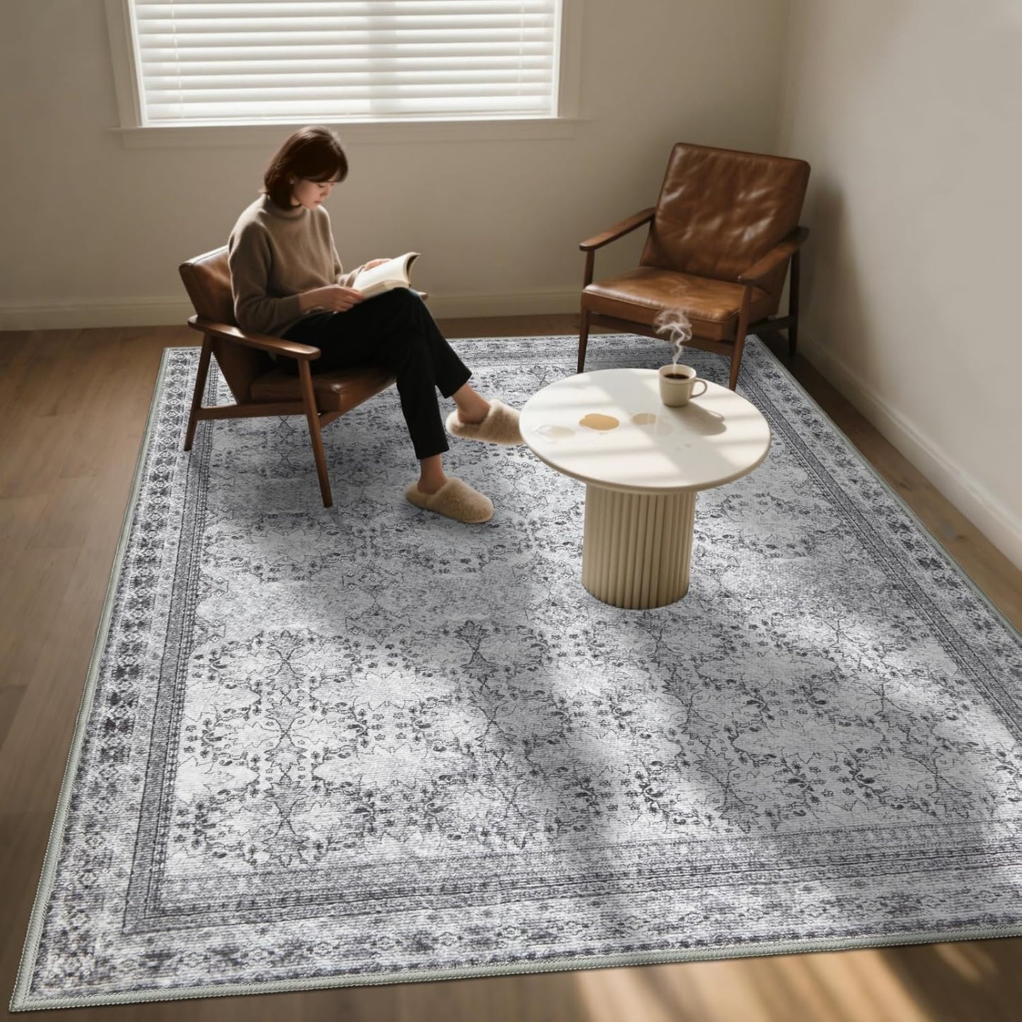 5x7 Washable Area Rug for Living Room Faded Grey, Non Slip Vintage Floral Bedroom Rugs Retro, Traditional Indoor Floor Carpet for Dining Room, Kitchen, Farmhouse, Office Classroom