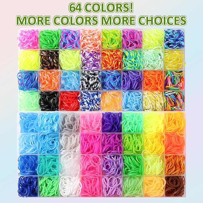 XKDOUS 64 Colors Rubber Band Bracelet Kit, Bracelet Making Kit for Art and Craft, Rubberband Bracelets Kit for Kids Ages 6+, Bands Kit Girls Boys Birthday Gift