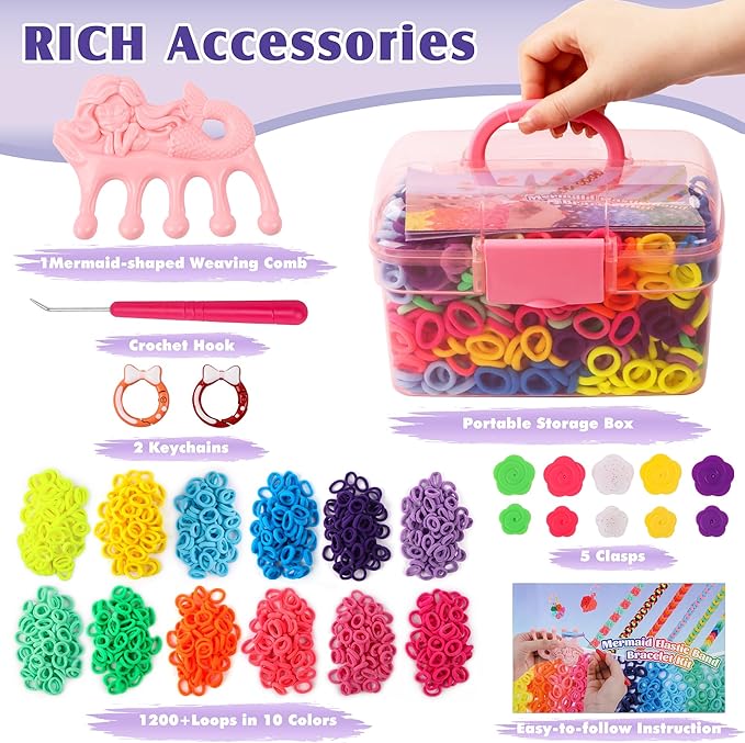 DPAPDI Bracelet Making Kit Toys for Kids, Girls Crafts for Ages 6-12, Mermaid Weaving Loom Bracelets Kits with 1200+ Colorful Fabric Loops, Birthday Gift for DIY Beginners