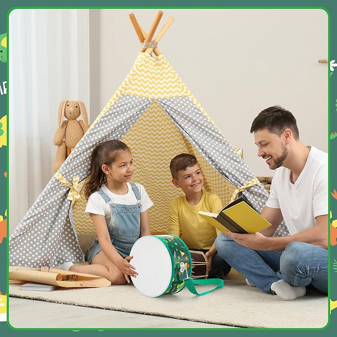 Boao 1 PC Kids Drum Set, 8 Inch Toddler Drum Wooden Toy with Adjustable Strap and 2 Drumsticks, Educational Sensory Musical Instrument for Toddlers Kid Baby Boys Girls Gift(Dinosaur)