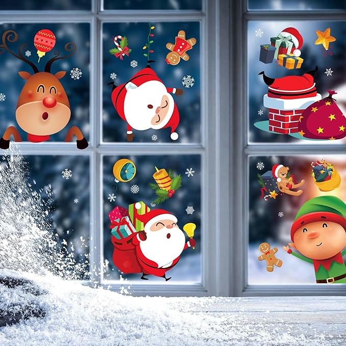 Joy Bang Christmas Window Clings, Xmas Santa Claus Reindeer Window Stickers Clings Deals, Christmas Window Decorations Decor Indoor