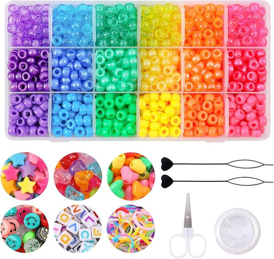 1500+pcs 8mm Hair Beads for Hair Braids Kit Rainbow Pony Bead for Jewelry Making DIY Crafts Mixed Colors Glitter Transparent Mix Plastic Pony Bead with Beader and Rubber Band for Gift