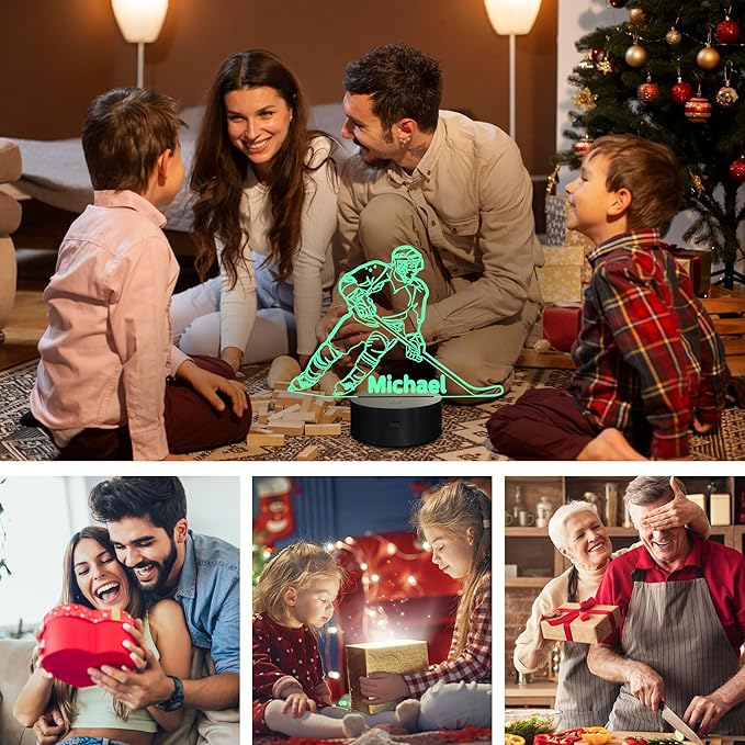 Customized Ice Hockey Night Light, 3D LED Optical Illusion Lamp with Remote Control and Timer, Perfect Christmas and Birthday Gift Idea for Boys, Kids, and Teen