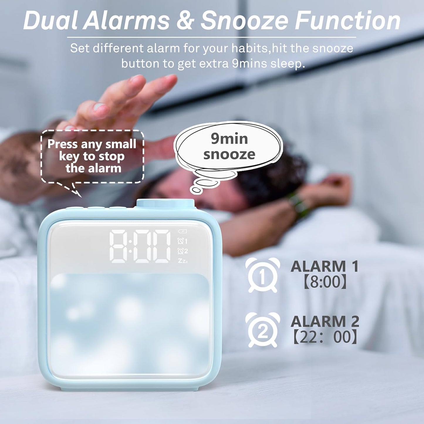 AIRIVO Alarm Clock Night Lights, Rechargeable Alarm Clock for Bedrooms, 6 Scenes & White Noise Sync, Dual Alarms & Snooze, for Heavy Sleepers, Gifts for Kids Teens (Blue)