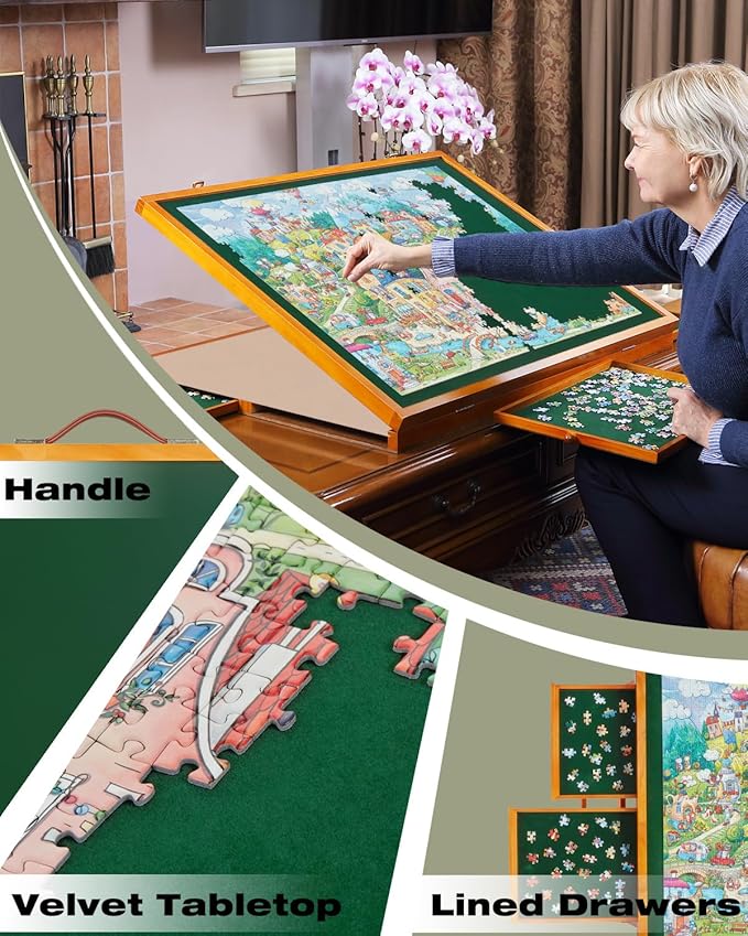 1500 Piece Wooden Jigsaw Puzzle Table with Drawers and Cover, Adjustable Puzzle Board with Foldable Legs, Portable Tilted Puzzle Easel for Adults, Velvet-Lined Tabletop and Drawers, Heavy Duty