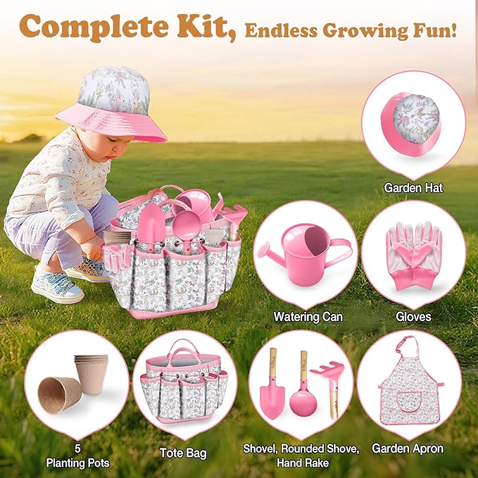 Kids Gardening Tool Set 18PCS Kids Toddler Gardening Set Includes Tote Bag Watering Can Apron Hat Rake Shovel Spoon Gloves Plant Pots and Labels, Outdoor Toys Gift for Boys Girls (Pink)