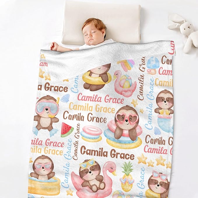 Personalized Baby Blanket for Girls Boys Kids Sloth Custom Baby Blanket with Name Throw Birthday Gift for Toddlers Infants Shower Newborns Nursery Stroller Crib Bed Decor