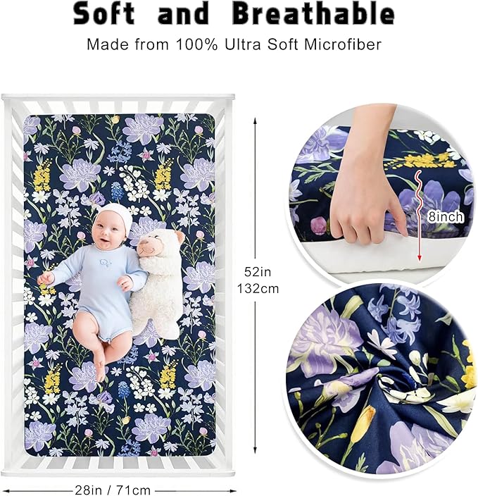 AMROSE 3 Pack Soft Floral Crib Sheets for Baby Girls, 28'' X 52'' Fitted Crib Sheets for Crib and Toddler Mattress Pad, Silk Touch Gentle Breathable Microfiber, Violet