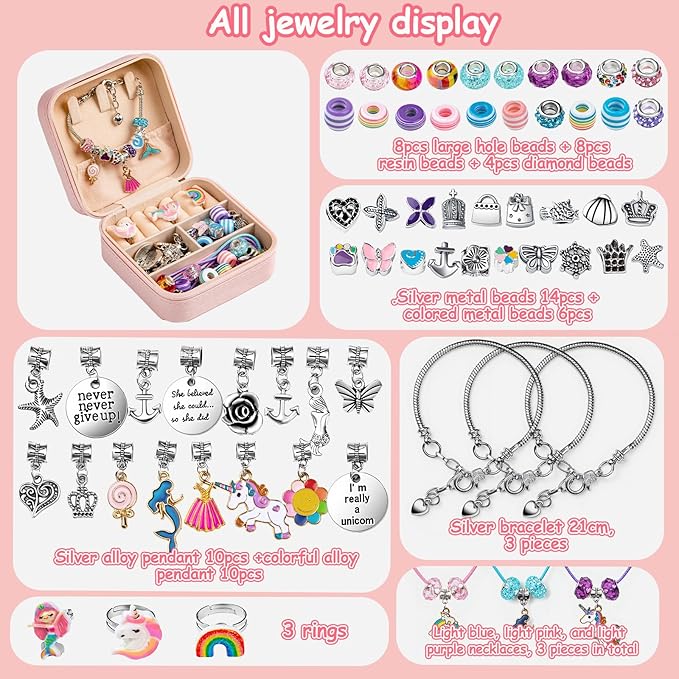 Charm Bracelet Making Kit with Portable Jewelry Case, DIY Beads and Charms Set for Creative Jewelry Making, Unicorns Mermaid Bracelets Necklaces and Rings Gift Set
