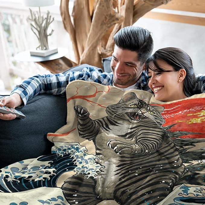 Anime Cat Blanket for Lover, Japanese Funny Cat Blanket 50"*60", Cat Gifts for Women Men Cats Lovers, Kitten Blanket, Funny Vintage Cat Art, Japanese Sunset