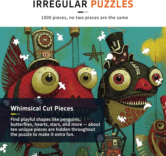 1000 Piece Puzzle for Adults, Quirky Piranha-Inspired Artwork with Unique-Shaped Pieces, Matte Texture, Color-Coded Backing, Challenging Gift for Puzzle Lovers 26.6 x 19.2 in