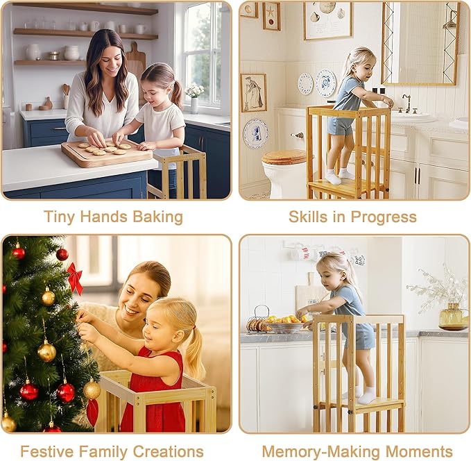 Kids Kitchen Step Stool, Toddler Standing Tower Adjustable Height with Anti-Slip Feet, Toddlers Learning Step Stool Helper for Kitchen Counter or Bathroom Sink, Natural Bamboo