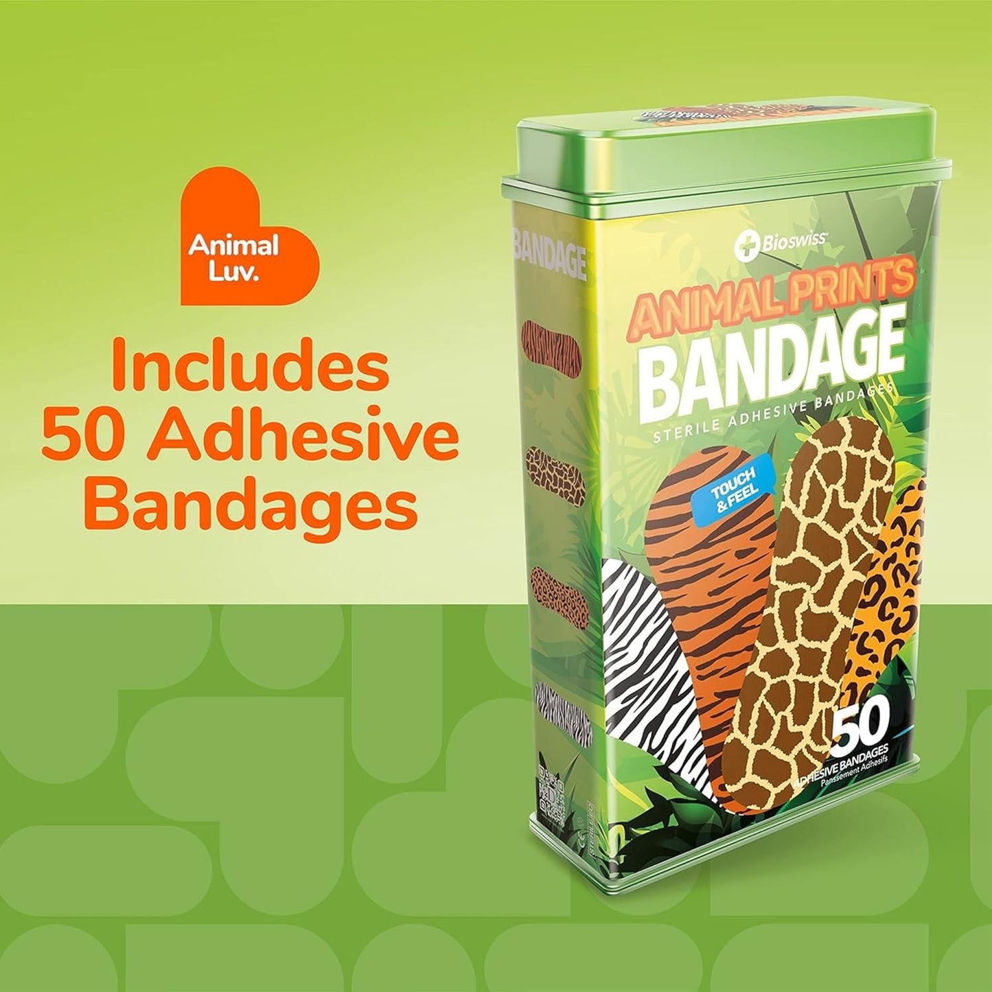 BioSwiss Bandages, Animal Print Shaped Self Adhesive Bandage, Latex Free Sterile Wound Care, 50 Count