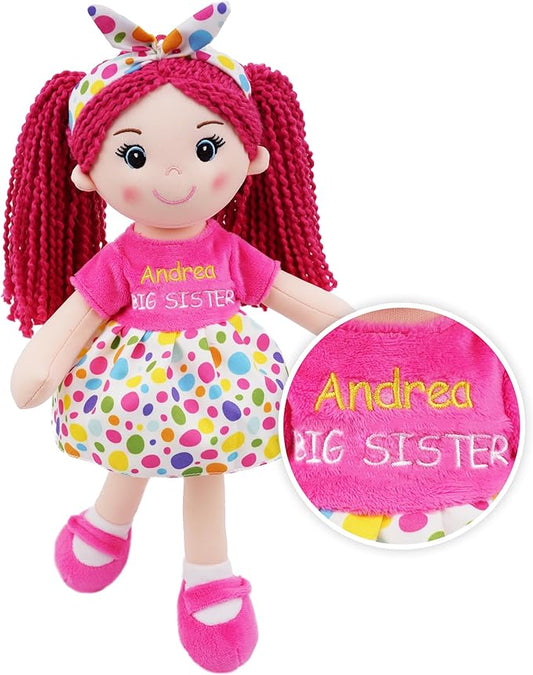 June Garden Personalized Best Big Sister Sophie - Soft Cuddly Plush Doll Gift for Girls - Huggable Rag Doll - Customized Name