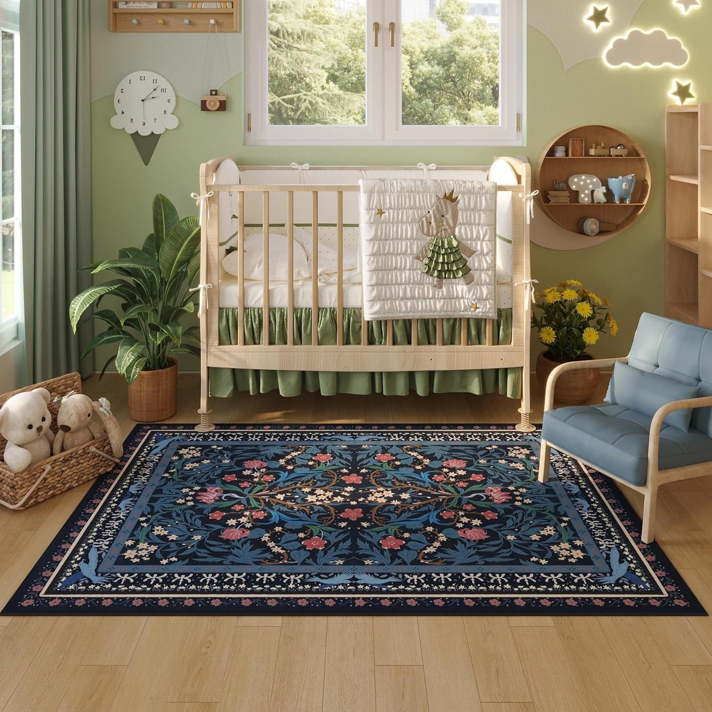 Bedroom Rug 3x5 Rug Washable Area Rug Non Slip Low Pile Vintage Floral Botanical Small Carpet for Bedroom, Bedside, Kitchen, Entryway, Kids Room, Office, Blue