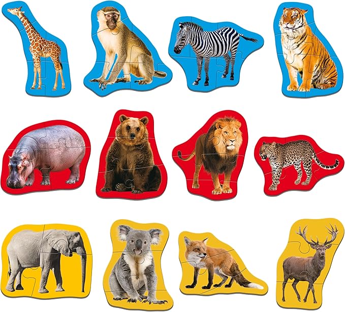 12 Pack Wild Animal Puzzles, 48 Pieces Step-by-Step Animal Jigsaws, Realistic Safari Animal Jigsaw Puzzles with Name Guide Early Learning for Beginner Preschool Toddlers 3+ Years Old