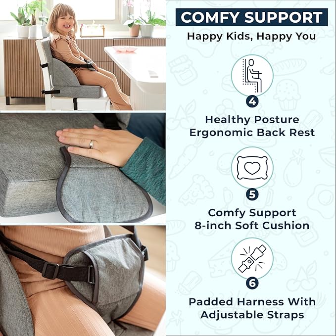 Toddler Booster Seat for Dining Table Kitchen Chair - High Portable Cushion Child Kids Seats, Restaurant Eating Chair with Adjustable Straps & Non-Slip Base