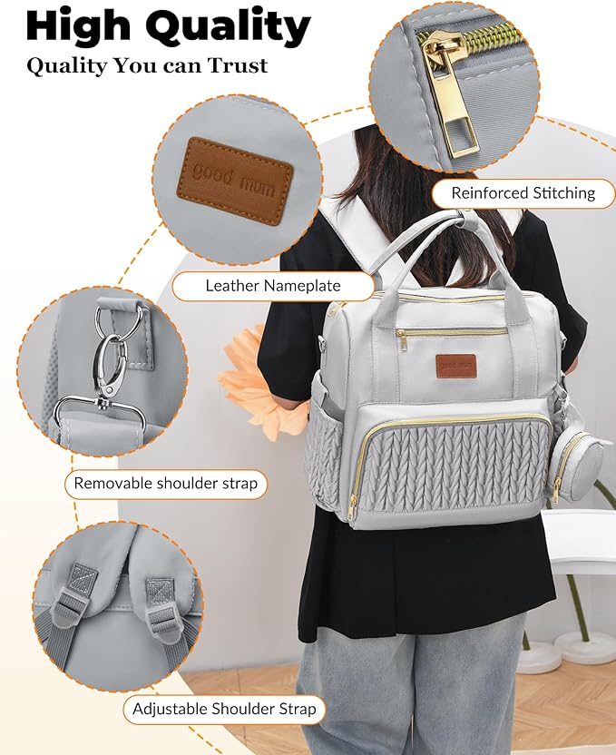 Backpack Diaper Bag,Stylish Waterproof Baby Diaper Bags with Changing Pad,Insulated Pockets,Multi-Function Travel Diaper Backpacks,Newborn Essentials, Grey