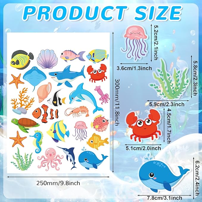 MARFOREVER 50 PCS Sea Animal Window Clings, Ocean Thick Gel Clings Stickers Removable Reusable Jelly Stickers Underwater Fish Shark Turtles Decals for Classroom Nursery Airplane Car Plane Decorations