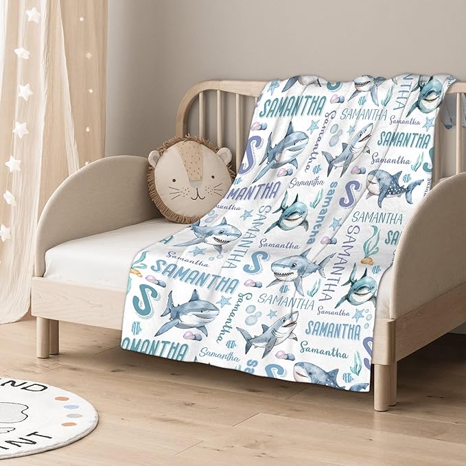 Personalized Baby Blanket for Girls Boys Kids Shark Custom Baby Blanket with Name Throw Birthday Gift for Toddlers Infants Shower Newborns Nursery Stroller Crib Bed Decor