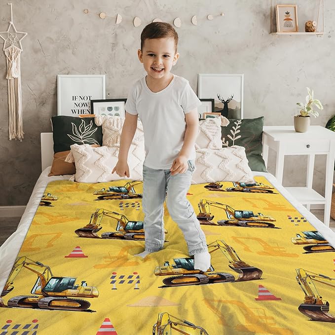 Boys Blanket Excavator Throw for Kids Adults, 50x60 Inches Soft Cozy All Season Cute Digger Throw for Sofa Couch Bed