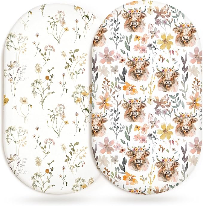 Bassinet Sheets for Baby Girls Boys 2 Pack, Fitted Baby Mattress Sheet for Rectangle, Oval, Hourglass Bassinet Mattress, Breathable Cozy & Universal Fit (Cottage Cow)