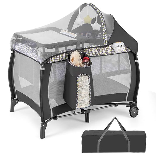 HONEY JOY Pack and Play, 4-in-1 Foldable Nursery Center with Full-Size Infant Bassinet & Diaper Changer, Portable Toddler Crib w/Mattress & Net, Music Box, Toys, Baby Playard w/Carry Bag, Gray