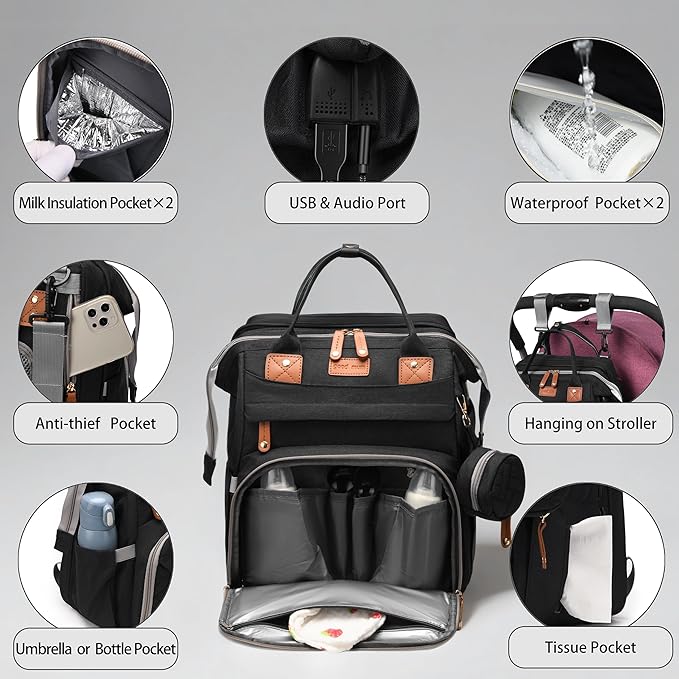 Diaper Bag with Changing Station, Multifunction Travel Baby Bag, Waterproof Baby Tote, Large Capacity Mommy Bag, Newborn Essentials Backpack Bag, Unisex, Black