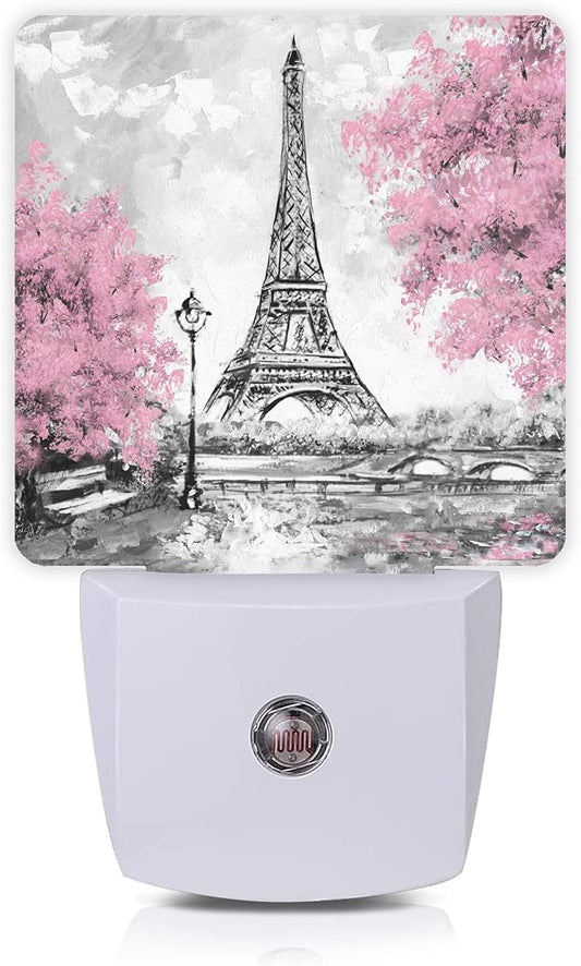 Eiffel Tower Paris Pink Flower Night Light Plug-in LED Nightlights Auto Sensor Night Lamp Dusk-to-Dawn Lamp Home Decor for Nursery Children Girls Boys