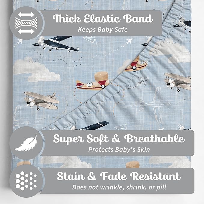 Pack and Play Sheets Fitted, Mini Crib Sheets for Graco Pack N Play Playard (38x26), Ultra Soft Cotton Blend, Safe & Snug Playpen Mattress Sheet for Baby Boys Girls, Airplane in The Clouds, 2-Pack