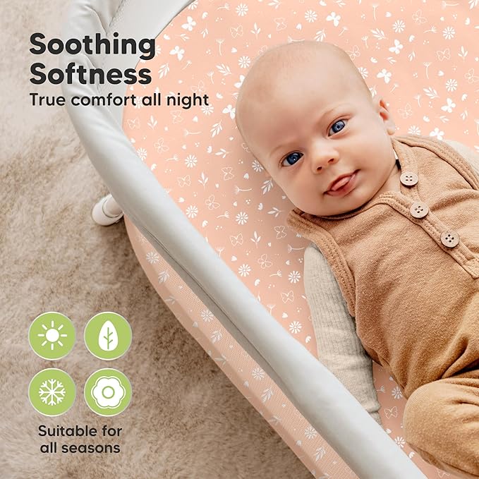 2-pk Waterproof Bassinet Sheets Girls, Boys, Cotton - 33x17 Universal Bassinet Mattress Pad Protector Cover, Compatible with Graco,Baby Delight,Chicco,Halo Bassinest Swivel Sleeper Fitted(Butterflies)