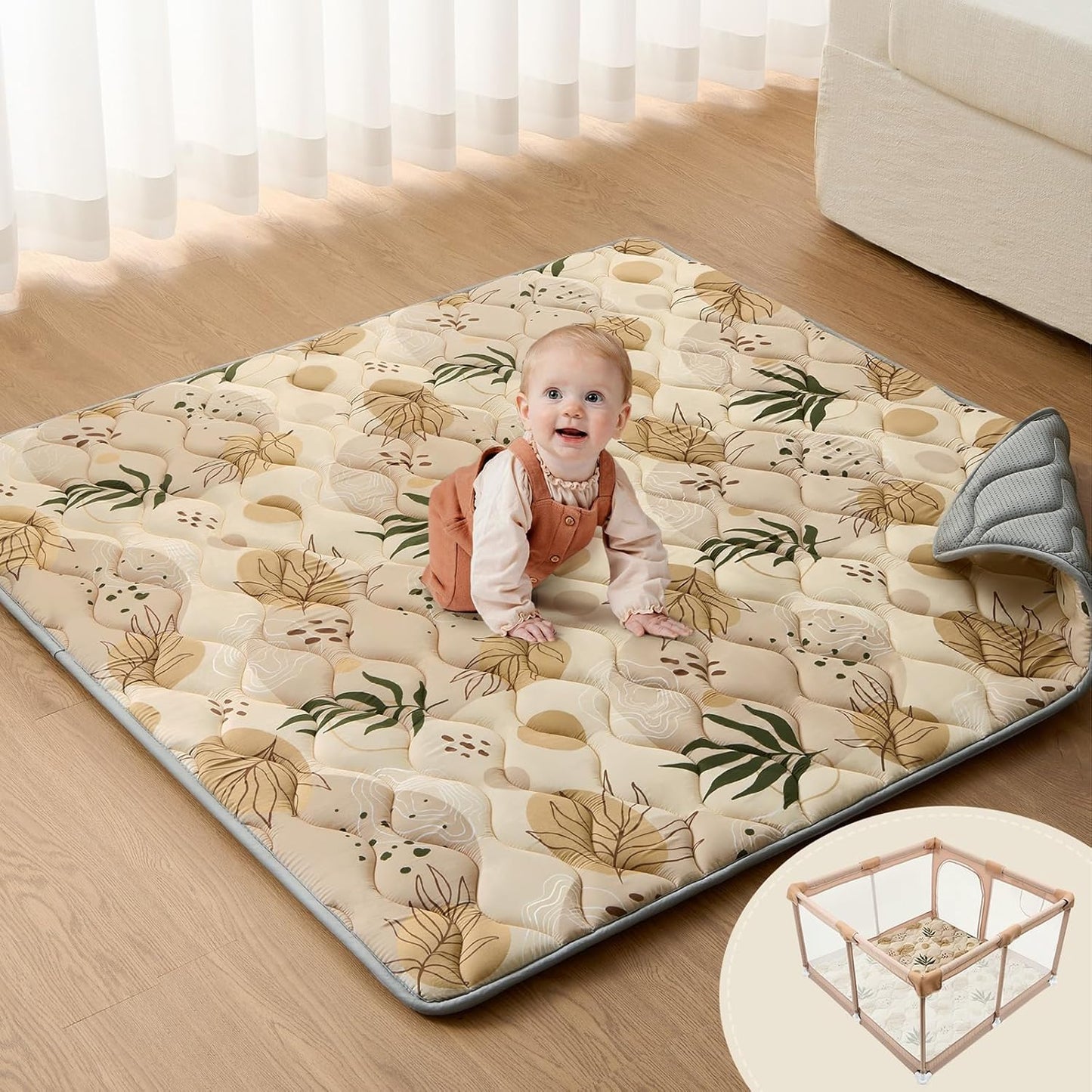 Blissful Diary Baby Play Mat, 47x47 Infant Play Mat for Playpen, Thicken Foam Cushioned Baby Mat for Floor, Non-Slip Kids Play Mat, Washable Baby Playmat for Babies,Toddlers, Earth Tones Design