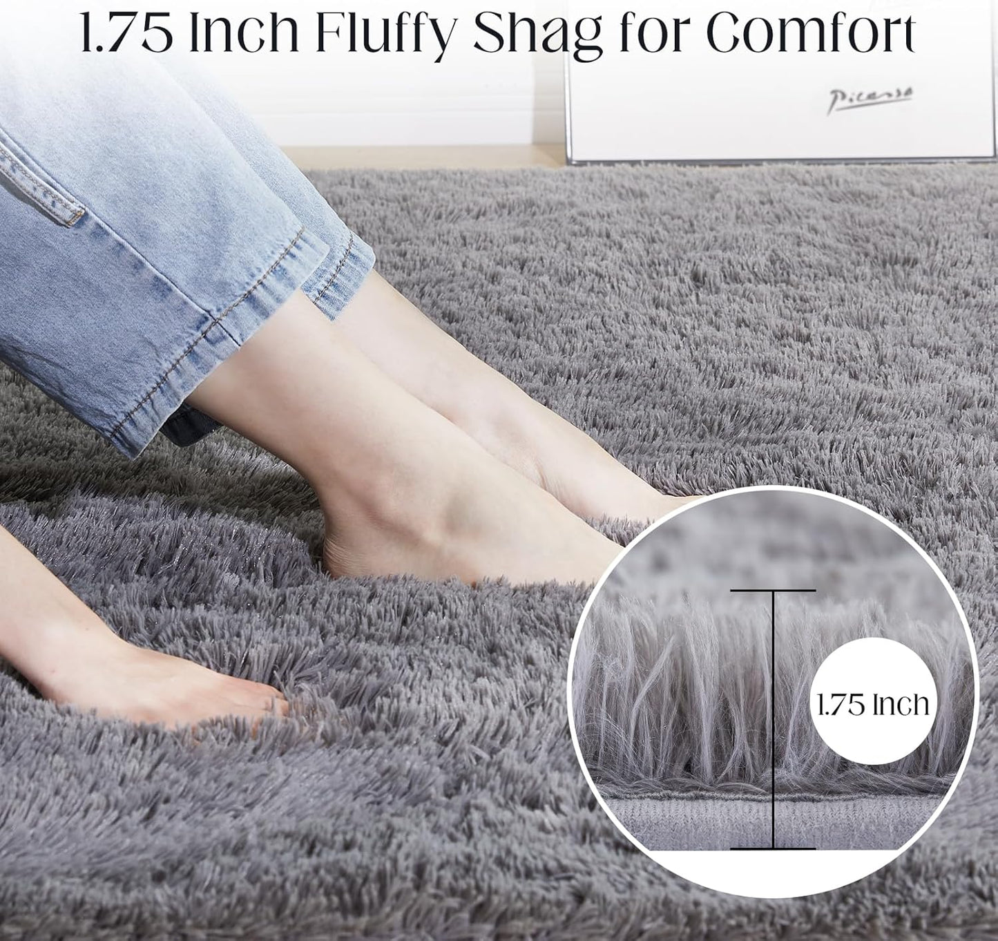 Fluffy Shag Area Rug, 4x6 Grey Rugs for Bedroom, Soft Plush Area Rugs for Living Room, Non-Slip Indoor Carpet for Nursery, Study Room, Dressing Room, Home Decor