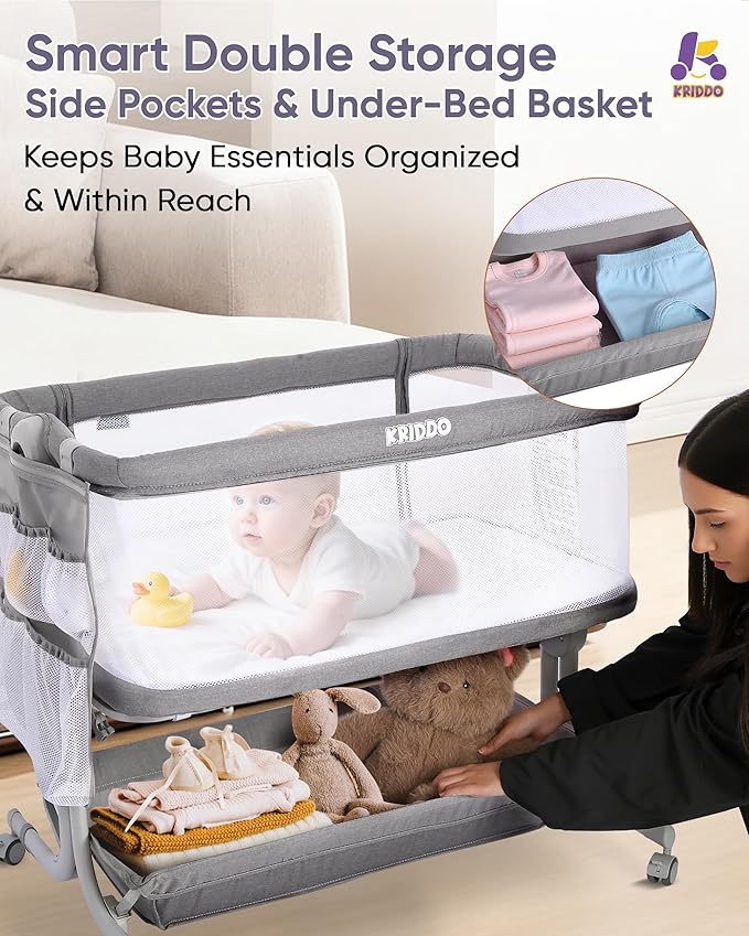 KRIDDO 2-in-1 Baby Bassinet for Infant, Bedside Bassinet with All-around Breathable Mesh, Lockable Wheels, Adjustable Height and Incline, Bedside Sleeper for Baby with Large Storage Basket, Light Grey