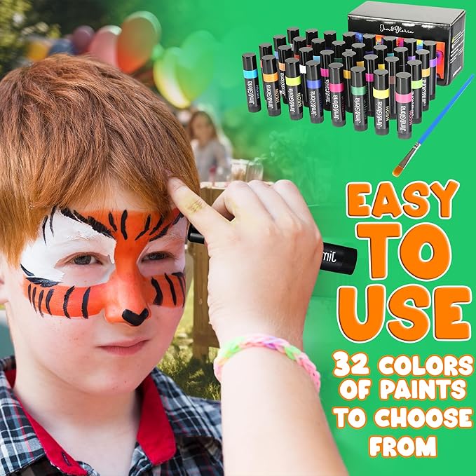 Jim&Gloria Face Paint Kit Bulk 32 Professional Face Painting Kit for Kids Party, Metallic, Neon, Classic Facepaint Crayons, Washable Body Paint Adults, Halloween Makeup, Boys Girls Gifts Crafts Toys