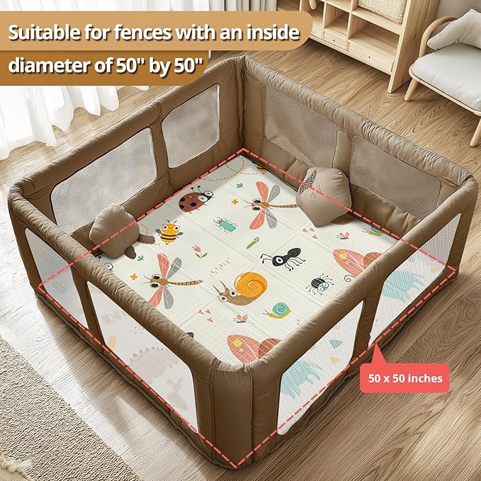 Foldable Baby Play Mat, PIGLOG 0.6in Thick Waterproof Playmats for Babies and Toddlers Kids, Safe Foam Playmat for Tummy Time, 50x50 Playpen Mat, Reversible Portable Floor Mat for Infant, Dragonfly