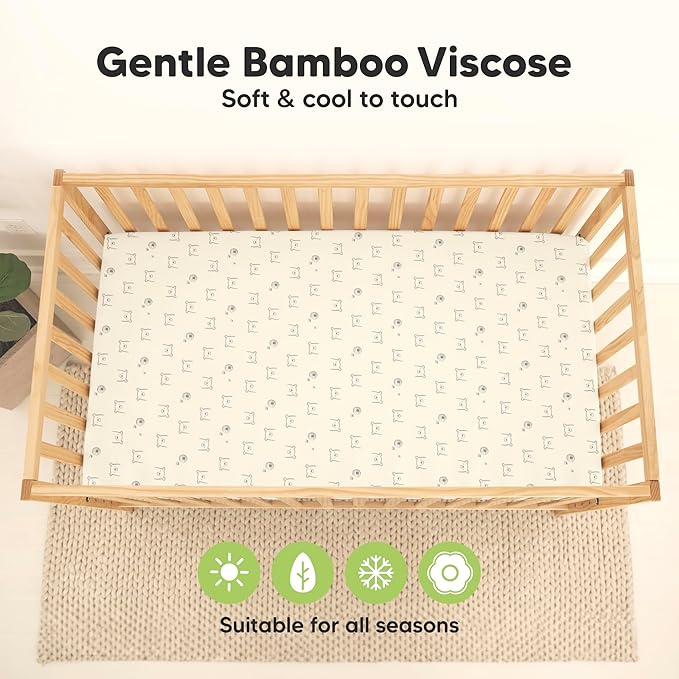 2-Pack Waterproof Baby Crib Sheets for Boys, Girls - 52x28 Viscose Derived from Bamboo Toddler Bed Sheet Neutral, Fitted Crib Mattress Protector Cover for Baby Bedding, Soft & Gentle (Bumble Bear)