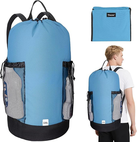 BALEINE 120L Laundry Bag Backpack, 900D Oxford Fabric Large Travel Laundry Bags with Shoulder Straps and 2 Mesh Pockets for College Dorm, Apartment, Laundromat (Blue, 120L)