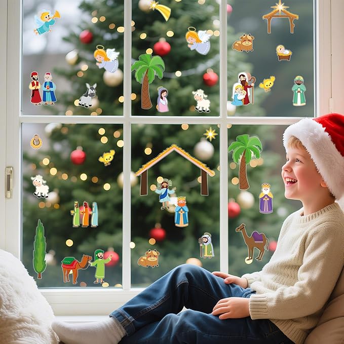 MARFOREVER Nativity Christmas Window Clings Stickers,50 PCS Christmas Religious Gel Stickers Holy Jesus Thick Gel Clings Decals for Gift Toddlers Classroom Xmas Window