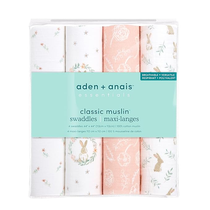 aden + anais Essentials Muslin Swaddle Blankets for Baby Girls and Boys, Newborn Receiving Blanket for Swaddling, 100% Cotton Baby Swaddle Wrap, 4 Pack, Blushing Bunnies