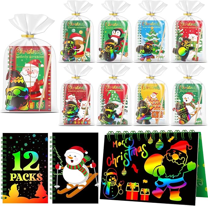 12 Pack Christmas Scratch Art Party Favors for Kids - Rainbow Scratch Paper with Christmas Scratch Off Cards Easter Birthday Goodie Bags Stuffers - Winter Holiday Gifts DIY Classroom Prizes