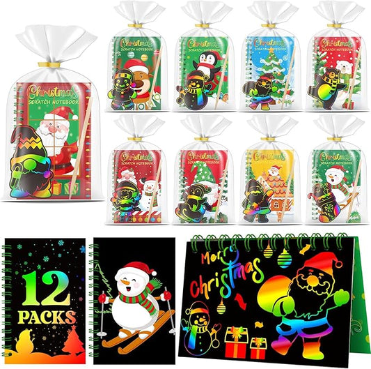 12 Pack Christmas Scratch Art Party Favors for Kids - Rainbow Scratch Paper with Christmas Scratch Off Cards Easter Birthday Goodie Bags Stuffers - Winter Holiday Gifts DIY Classroom Prizes