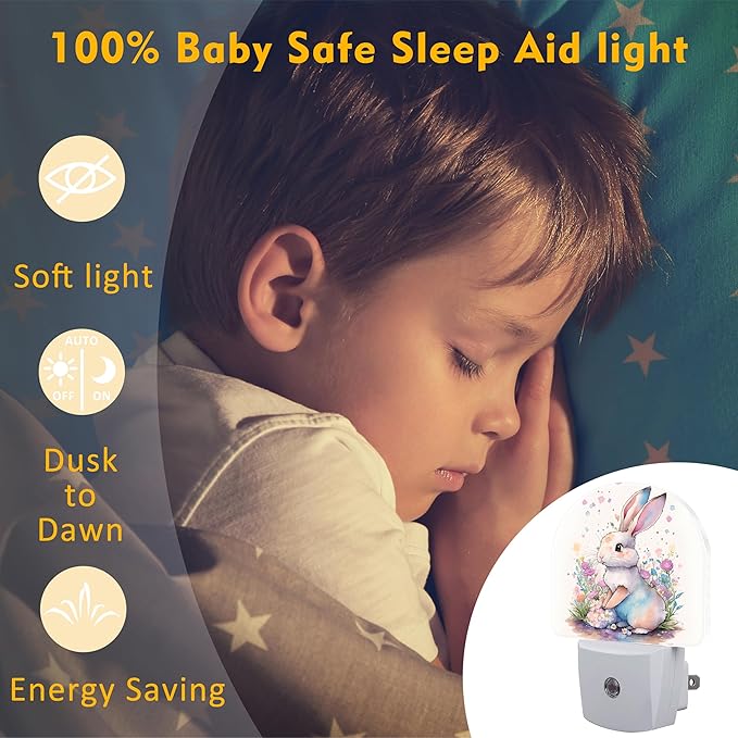 Easter Bunny and Flowers Night Light, Watercolor Cute Rabbit and Floral Dusk to Dawn Night Light Plug in,0.5w Energy Saving Sleep Friendly NightLight for Kids Boys Girls Home Decor