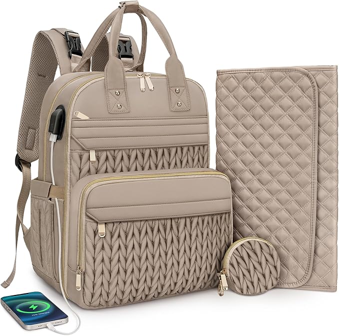 CandyHome Diaper Bag Backpack, Stylish Travel Baby Diaper Bags with Changing Pad, Insulated Pockets, Waterproof Baby Bag Converts into Tote Bag, Diaper Backpack, Stroller Bag (Khaki)