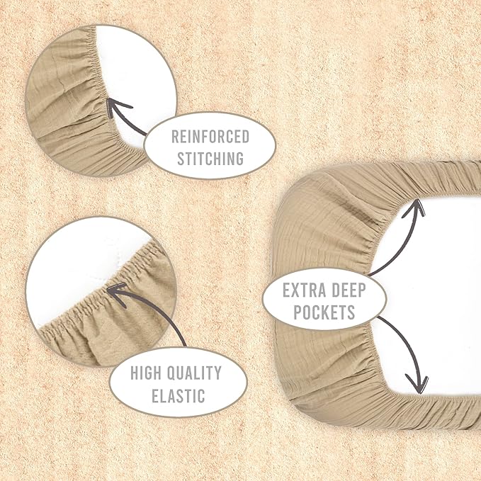 3-Pack Organic Muslin Bassinet Fitted Sheets, Compatible with Halo, Snoo, Graco, Dream On Me, Delta, and Other Standard Size Bassinets - Fits Oval, Hourglass, & Rectangle Shapes (32 x 16 x 4 Inches)