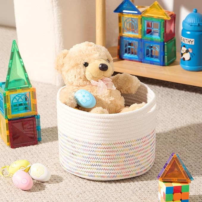 Small Basket for Organizing | Cube Shelf Closet Storage Baskets | 9.7×9.7×7.1” | Woven Rope Gift Basket | Nursery | Round 3 Packs Rainbow