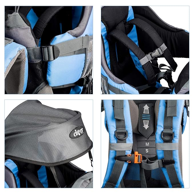 ClevrPlus Canyonero Camping Baby Backpack Hiking Kid Toddler Child Carrier with Stand and Sun Shade Visor, Blue