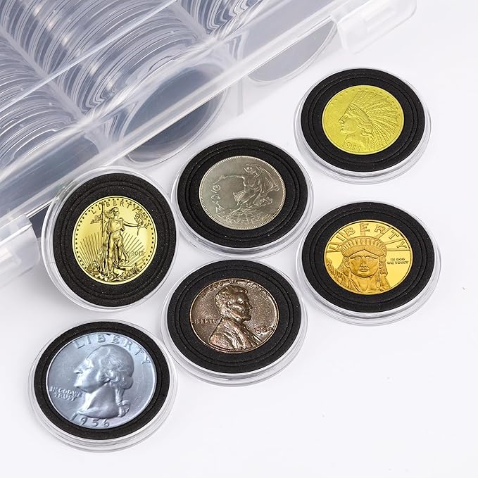 100Pcs 30mm Coin Holders with 5-Size Foam Gasket, Plastic Coin Capsules for Collectors, Clear Coin Case with Storage Organizer Box for Coin Collection Supplies, Black Gasket 17/20/25/27/30mm